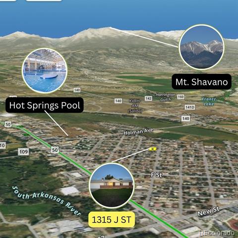 Map locating 1315 J Street in Salida, Colorado, near Hot Springs Pool and Mount Shavano.