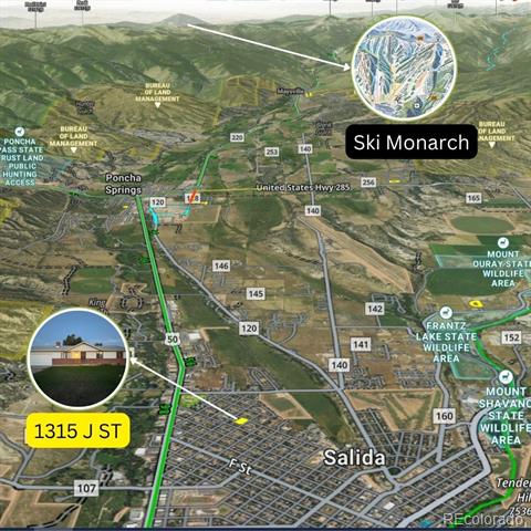 Map marking 1315 J St in Salida, with Ski Monarch shown to the north.