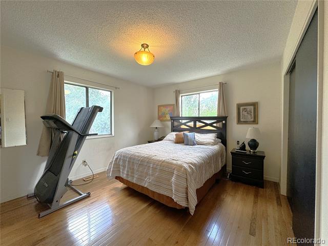 Bedroom with striped bedding, hardwood floors, and a treadmill beside two windows.