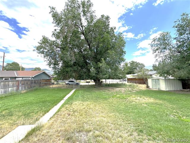 Backyard with a large shade tree, concrete walkway, and small shed.