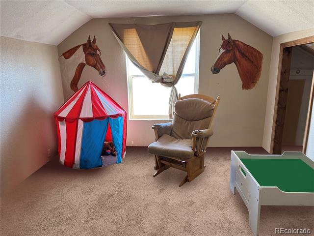 Playroom with a striped play tent, recliner, foosball table, and horse decorations.