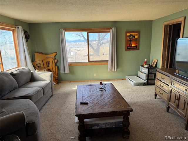 Living room with a gray sectional, wooden coffee table, and mountain views through the window.