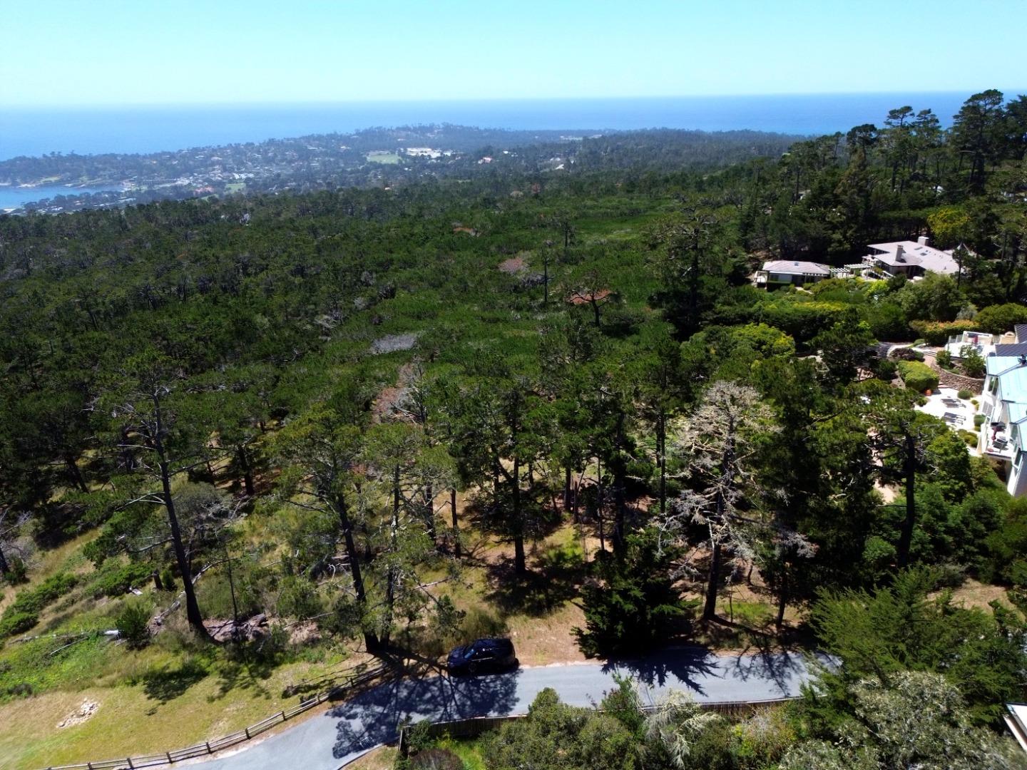 Aerial view of wooded Pebble Beach homes and trees with the Pacific Ocean beyond.