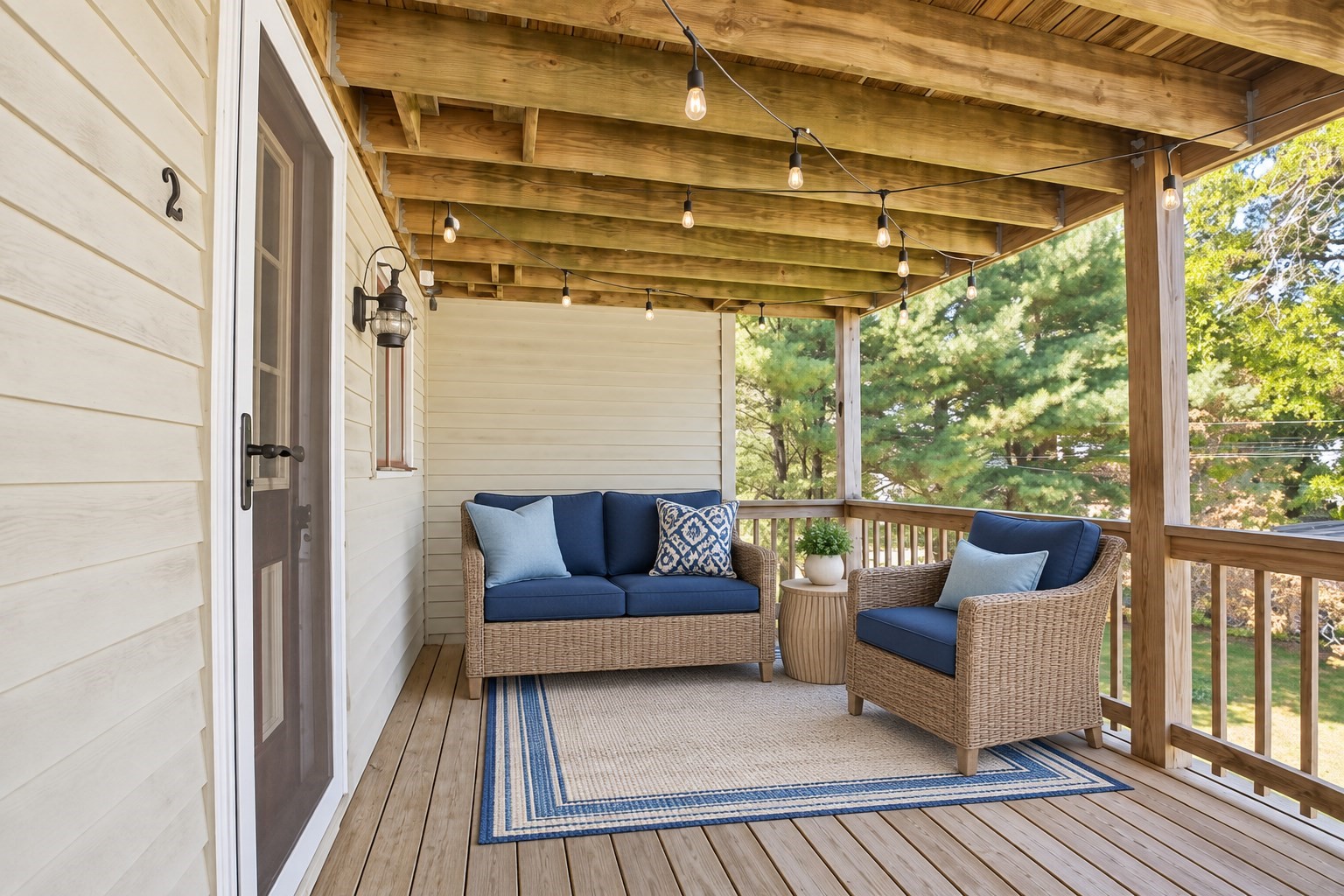 Covered porch with exposed timber beams, string lights, and wicker seating with blue cushions.