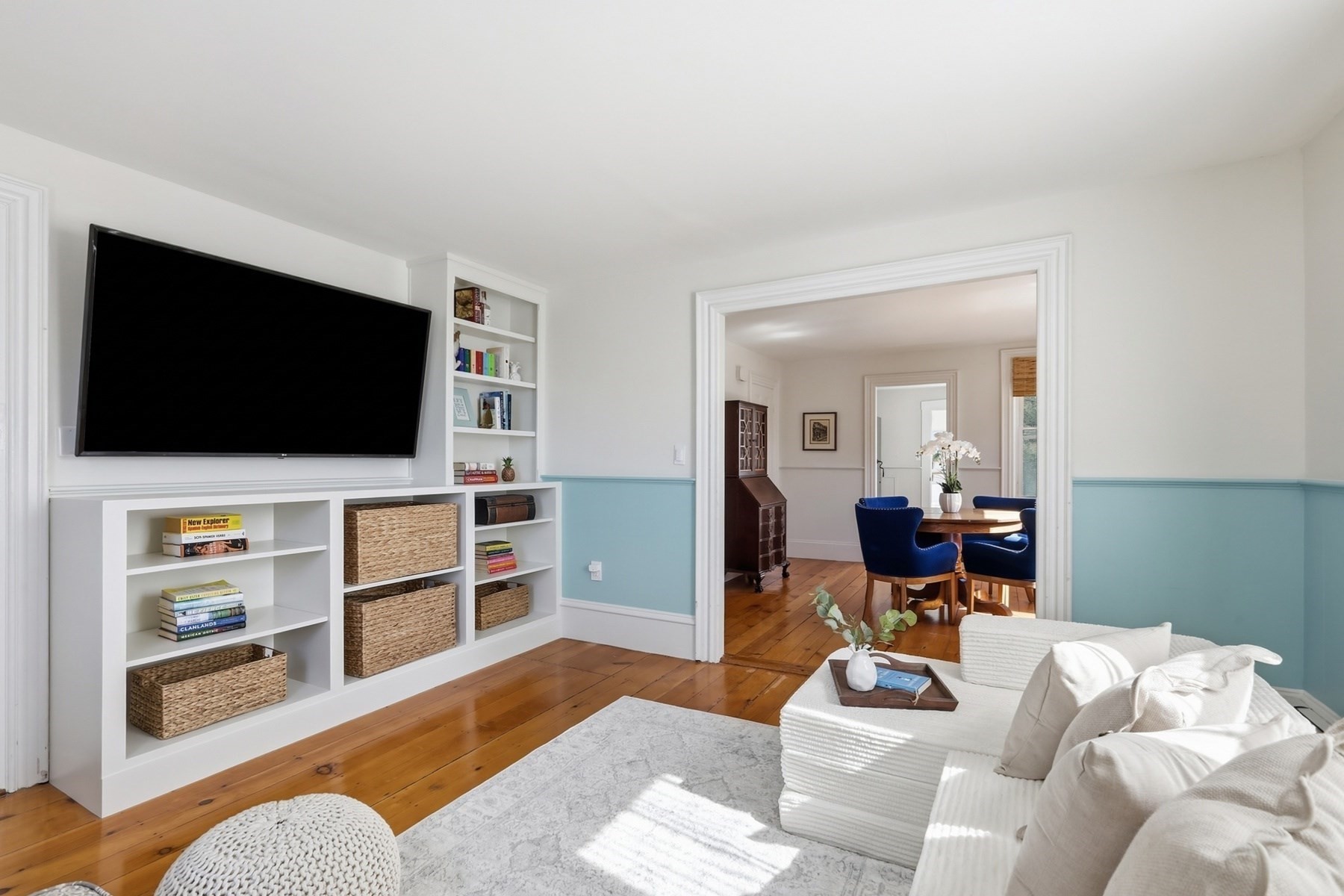 Living room with built-in shelves, a large television, white sofa, and blue wainscoting.