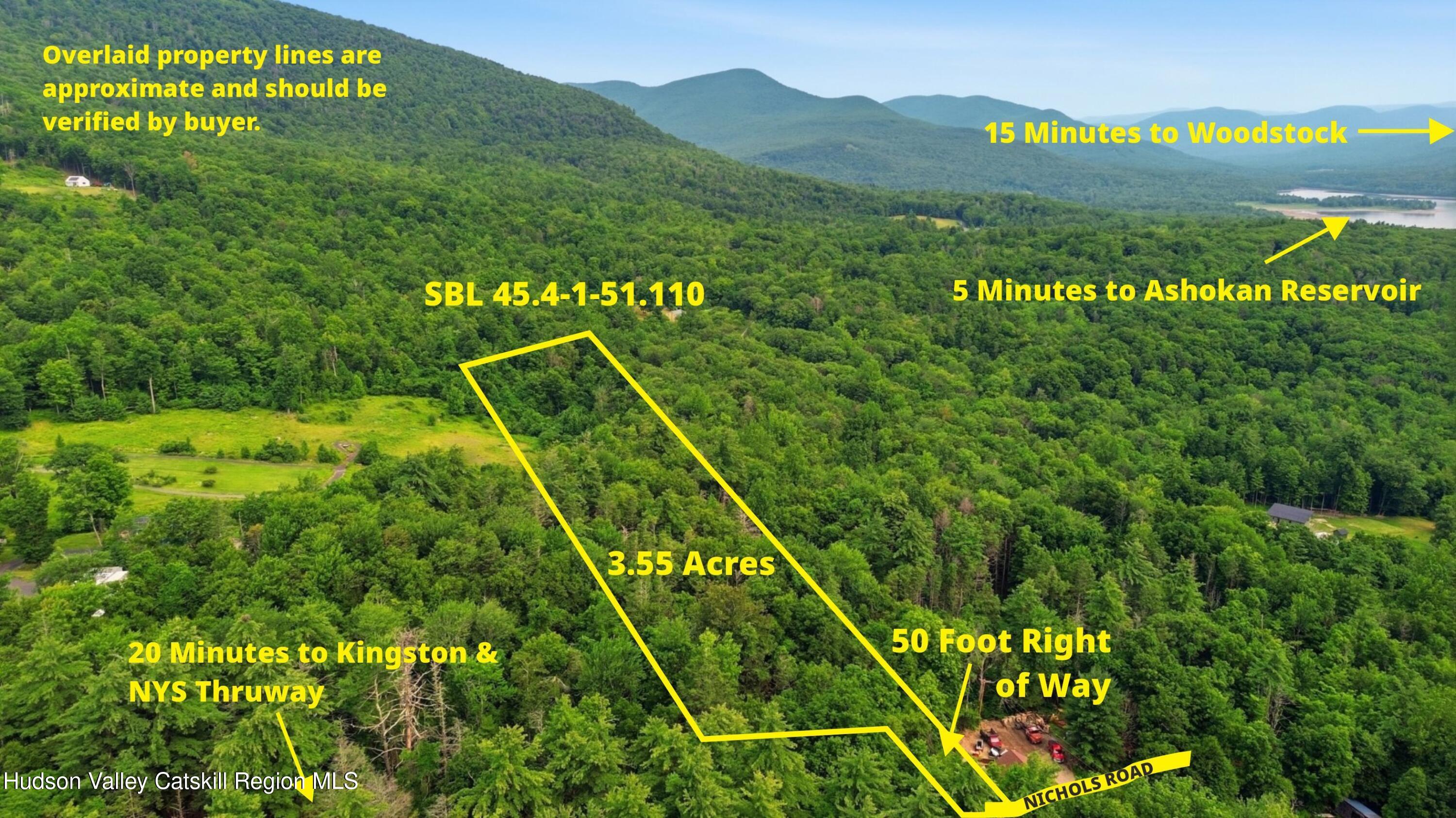 Aerial view of a wooded 3.55-acre parcel outlined in yellow, with Nichols Road and the Ashokan Reservoir in view.