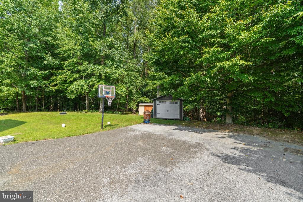 Paved outdoor area beside a grassy, tree-lined yard, with a basketball hoop and two small sheds.