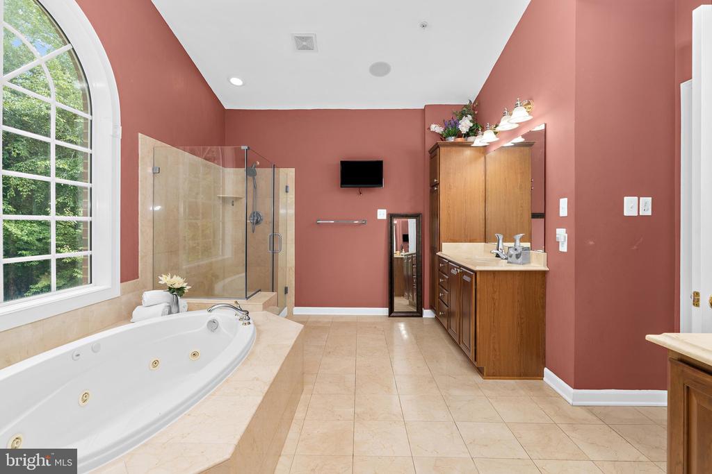 Primary bathroom with a jetted soaking tub beneath an arched window and a glass-enclosed shower.