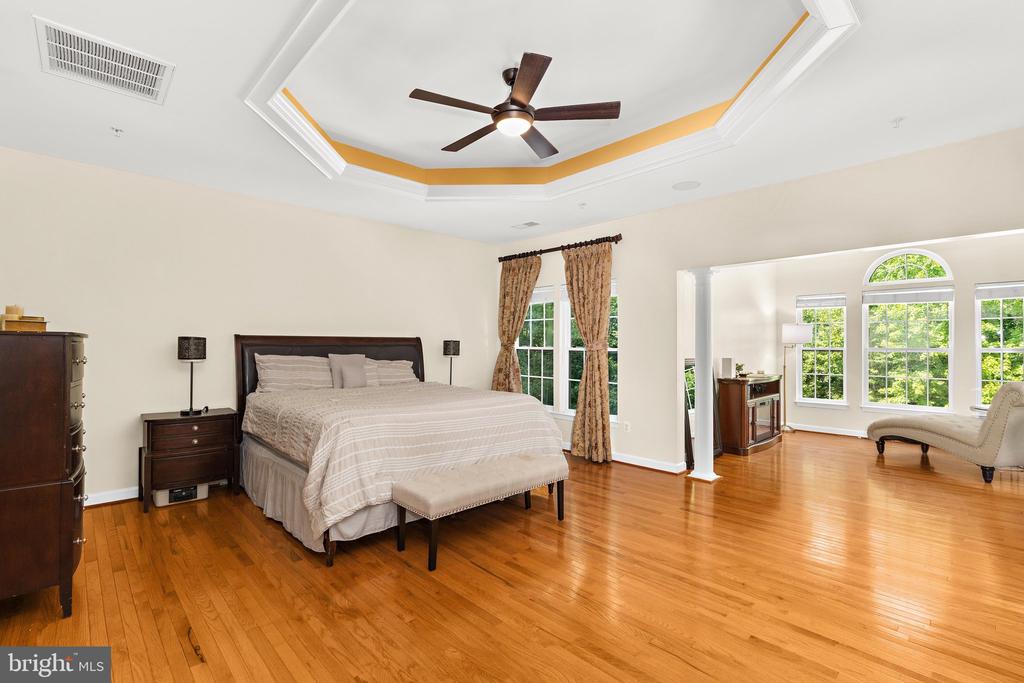 Bedroom with a king-size bed, hardwood floors, and a tray ceiling opening to a bright sitting area.