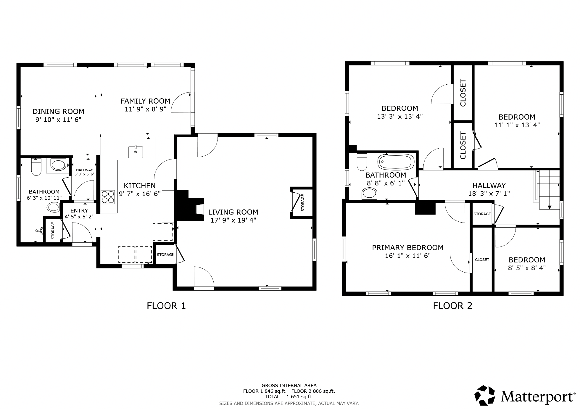 Two-story floor plan showing room layouts, dimensions, and 1,651 square feet of gross internal area.