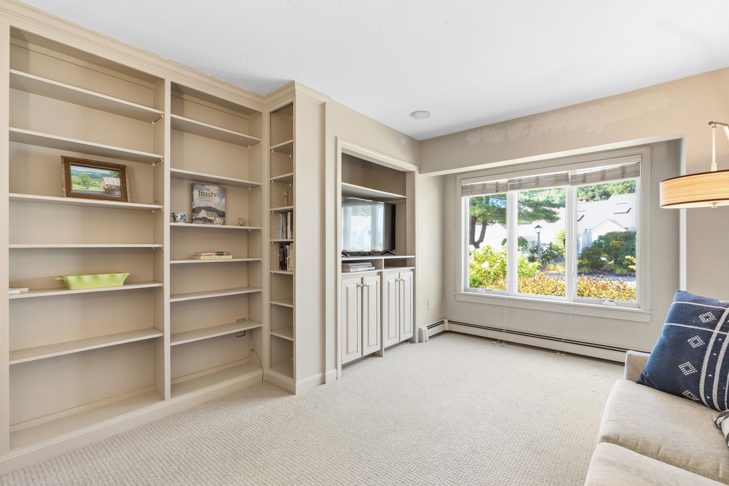 Carpeted sitting room with built-in shelves, a television, and a large window overlooking trees.