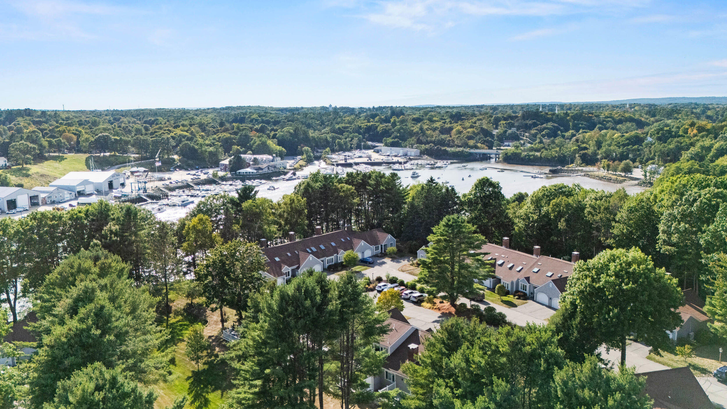Aerial view of wooded condominiums beside a harbor with boats and docks.