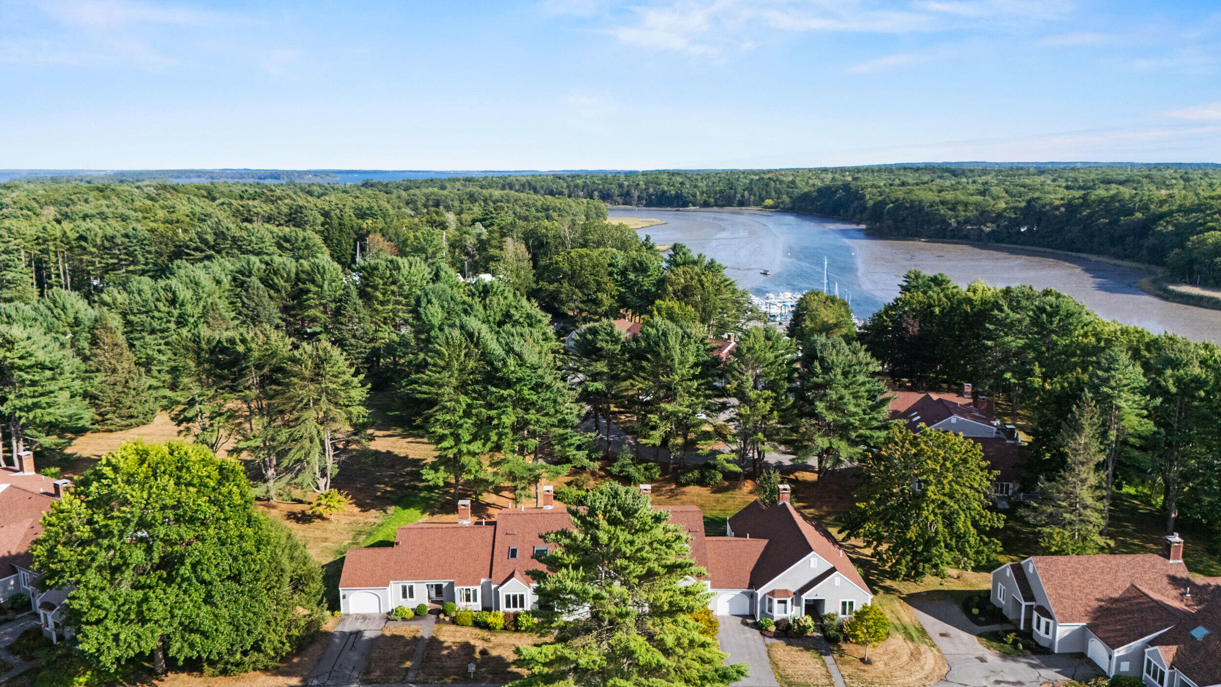 Aerial view of homes among trees beside a cove, with boats near a marina.