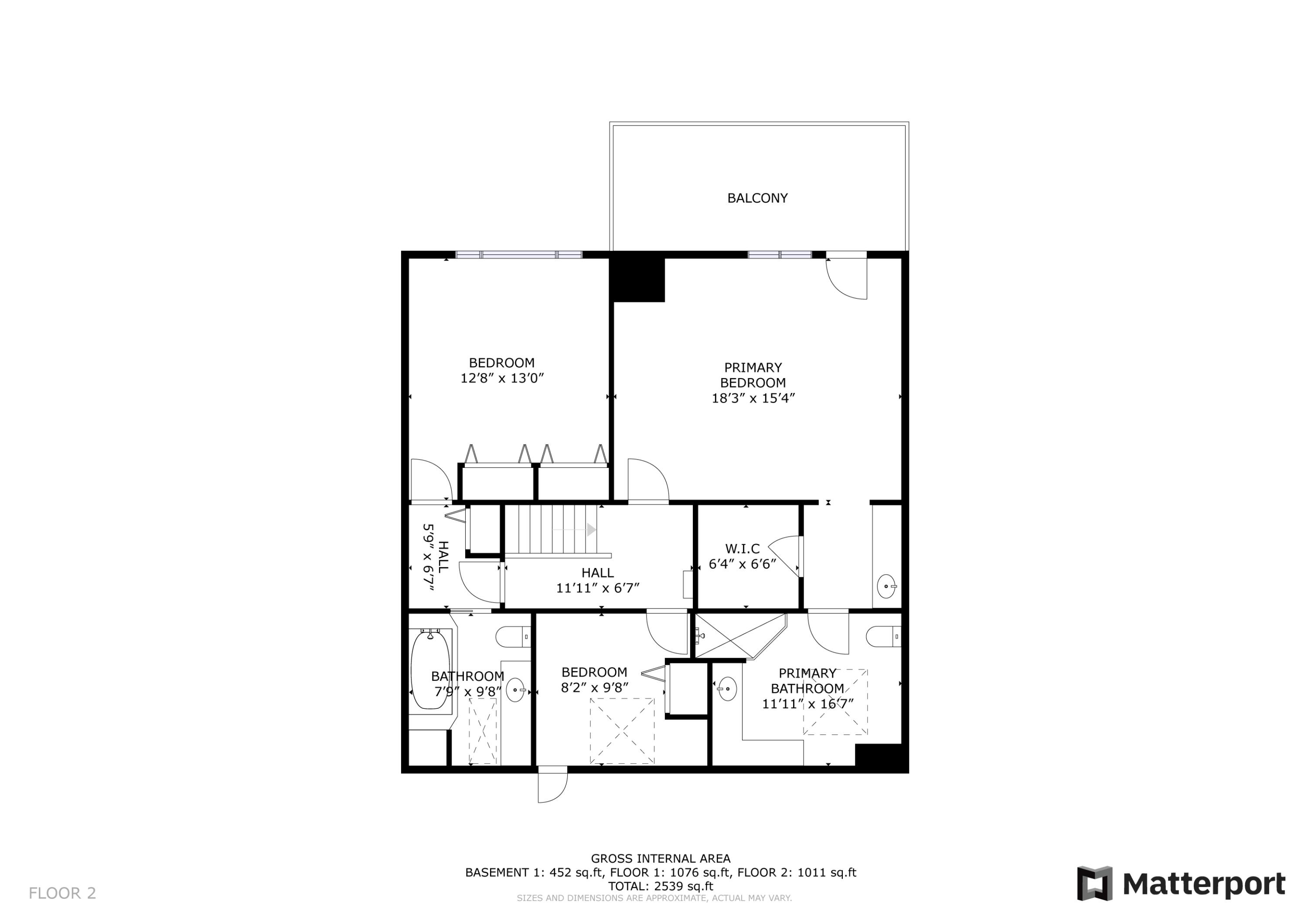 Second-floor plan with two bedrooms, two bathrooms, a walk-in closet, balcony, and room dimensions.
