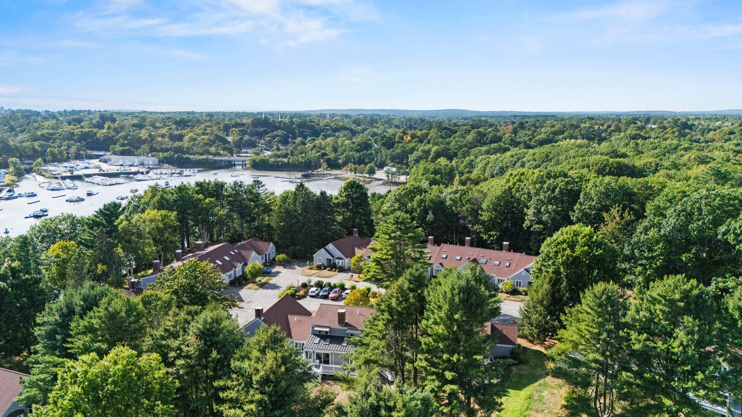 Aerial view of wooded homes beside a marina and inlet.