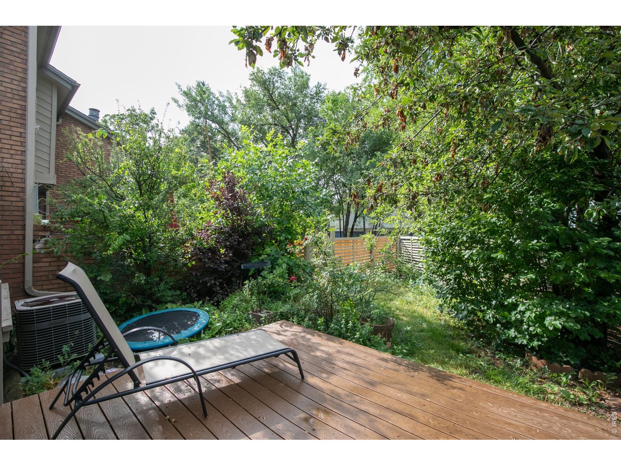 Wooden backyard deck with lounge chairs overlooking a leafy fenced garden and small trampoline.