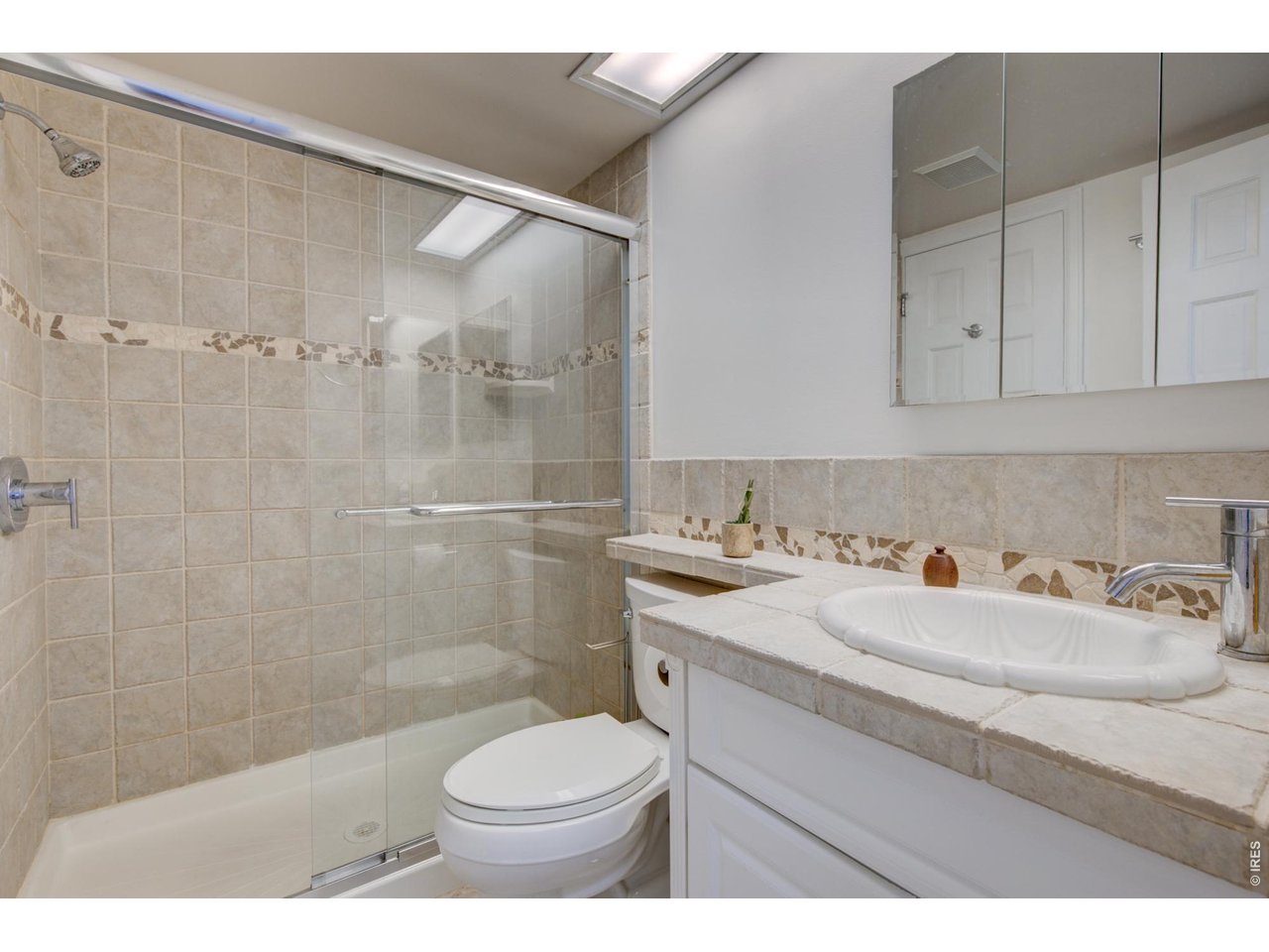 Bathroom with a glass-enclosed tiled shower, white vanity, and skylight.