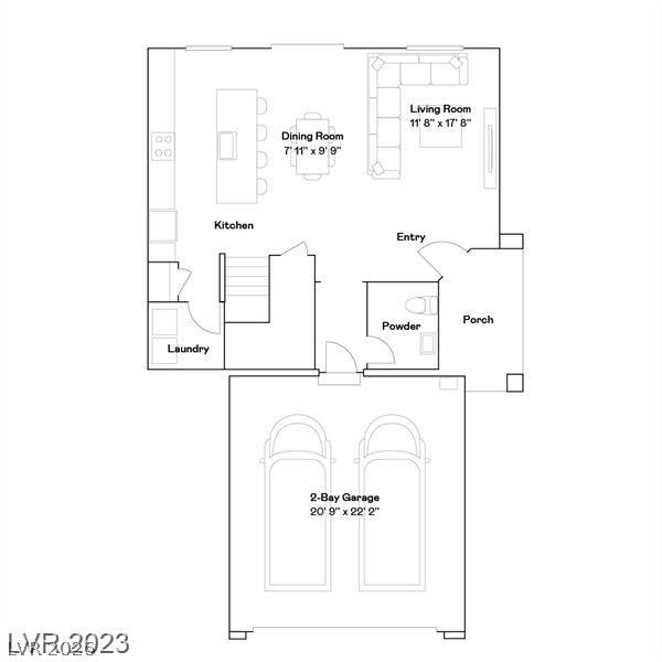 Floor plan with kitchen, dining and living rooms, laundry, porch, and two-bay garage.