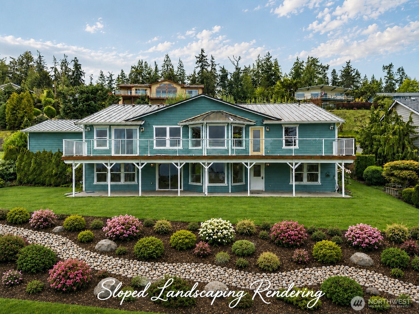 Teal two-story house with a long raised deck and landscaped sloping front yard.