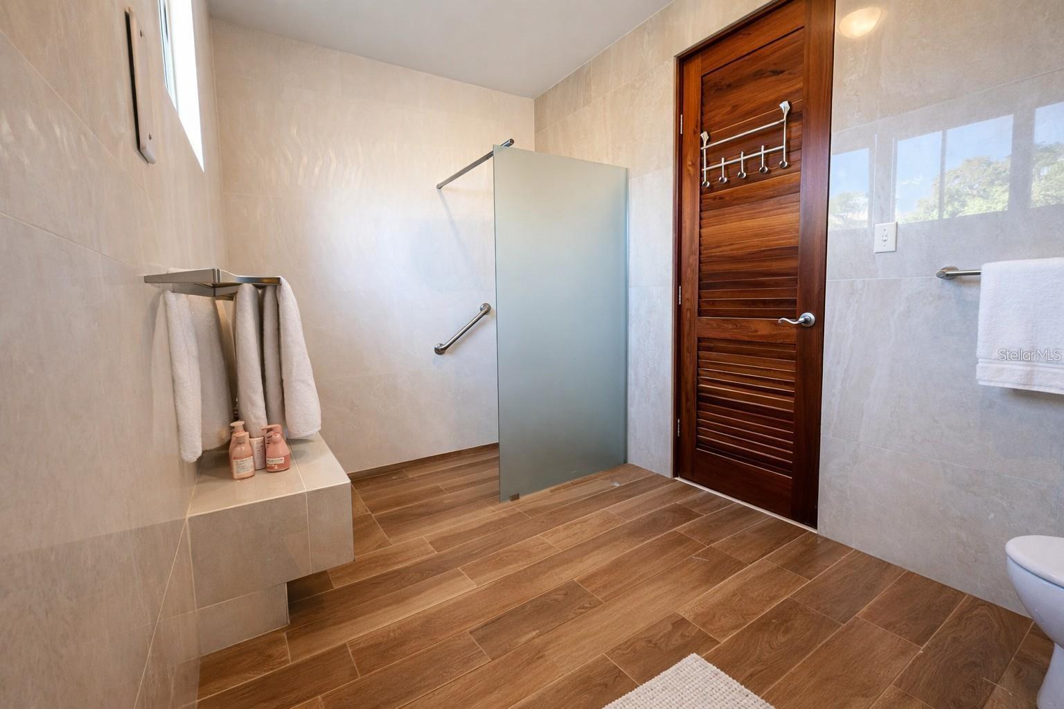 Bathroom with a frosted-glass shower, wood-look tile floor, and wooden louvered door.