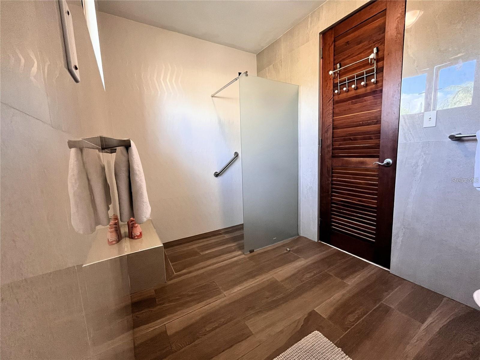 Bathroom with a glass shower, grab bars, wood-look tile floor, and dark wooden louvered door.