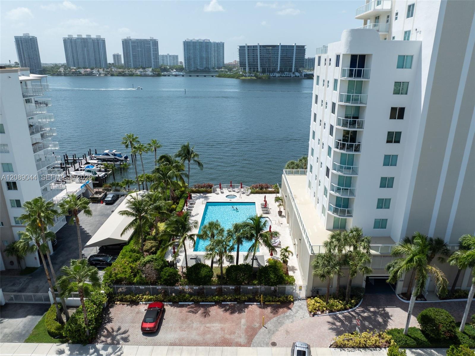 Waterfront condominium pool and palm-lined grounds overlooking the bay and high-rises.