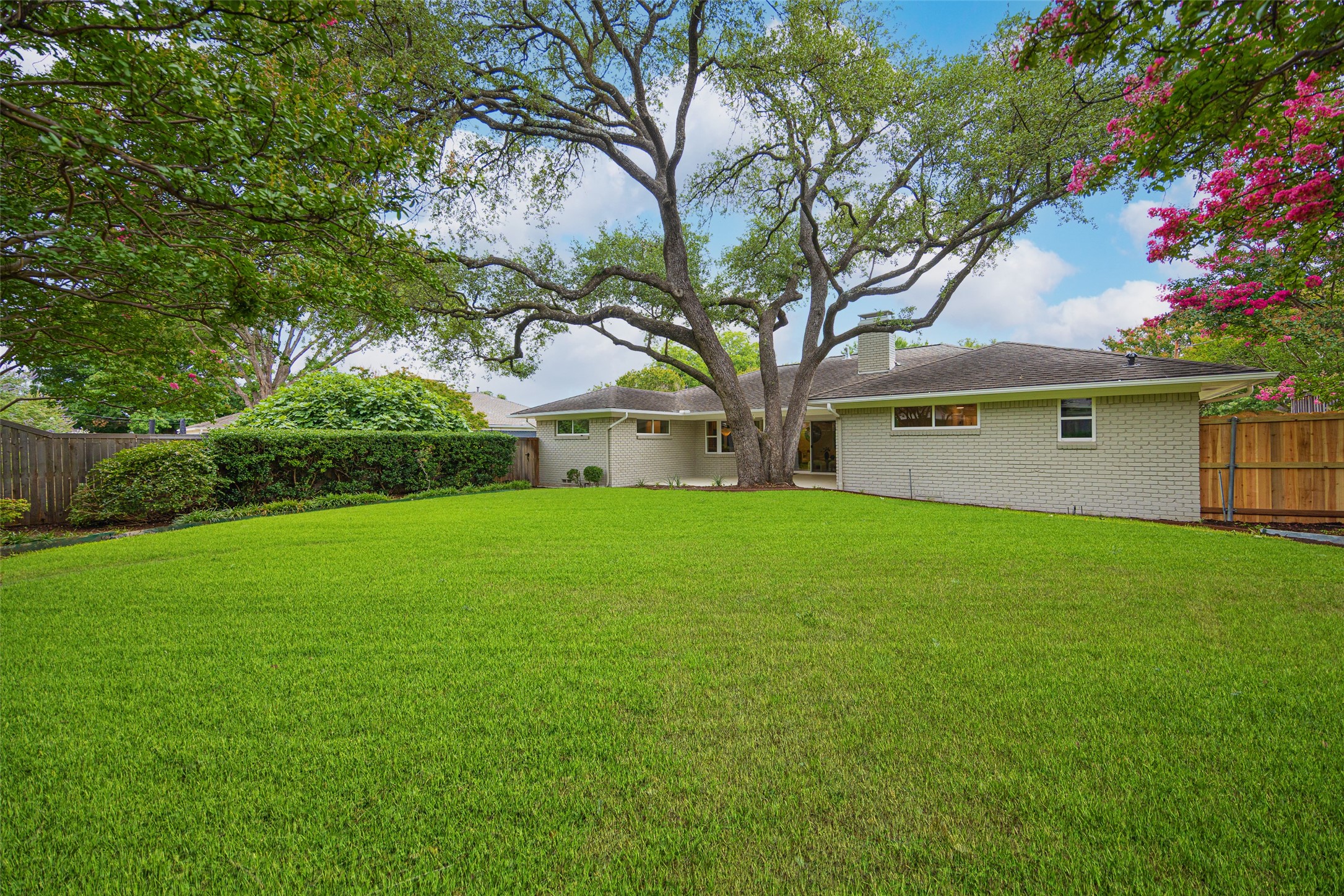 Backyard with a wide lawn, mature shade tree, and light brick home.