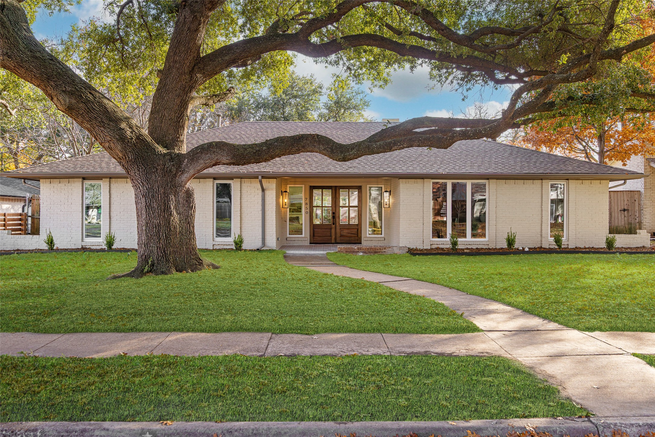 Single-story white brick home with wooden double doors, framed by a large mature tree and curved front walkway.