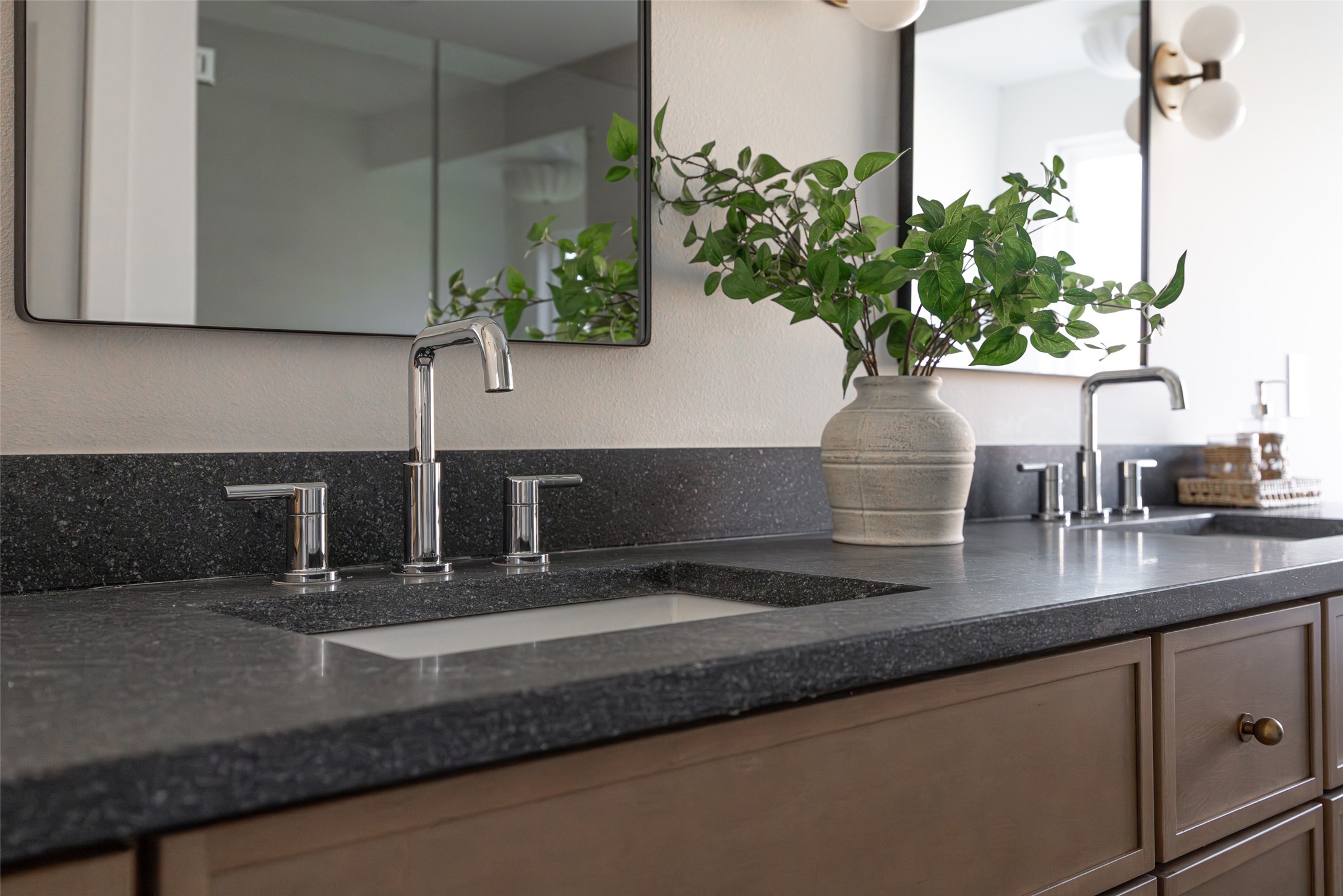 Bathroom vanity with dark stone counters, chrome faucets, and a leafy plant between mirrors.