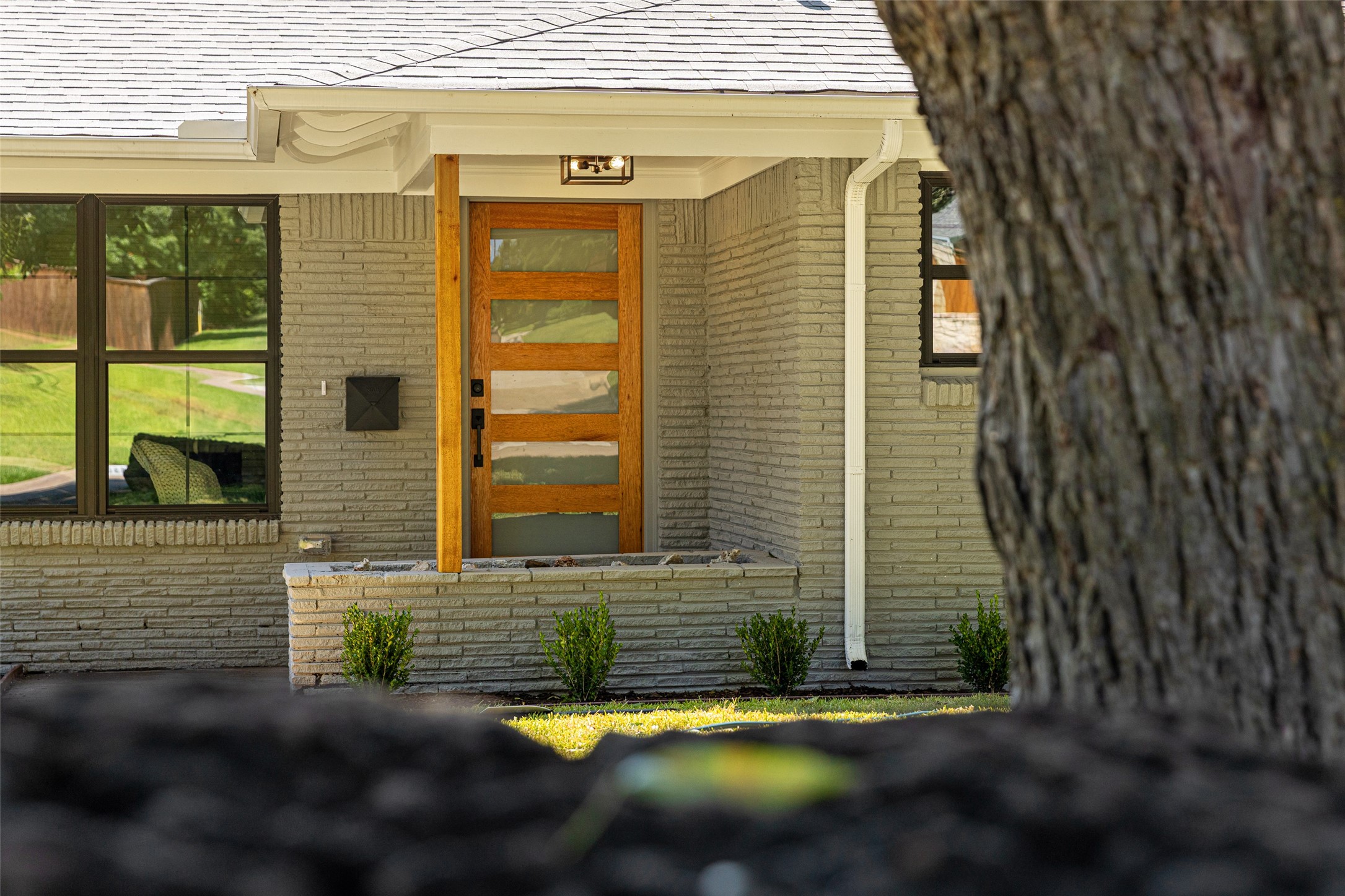 Home entry with a wood-and-glass door set in light gray brick, framed by a large tree.