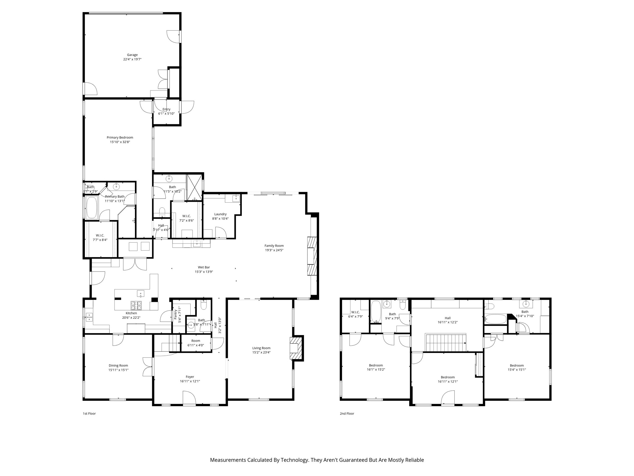 Two-story floor plan showing a garage, primary suite, kitchen, living areas, and three upstairs bedrooms.