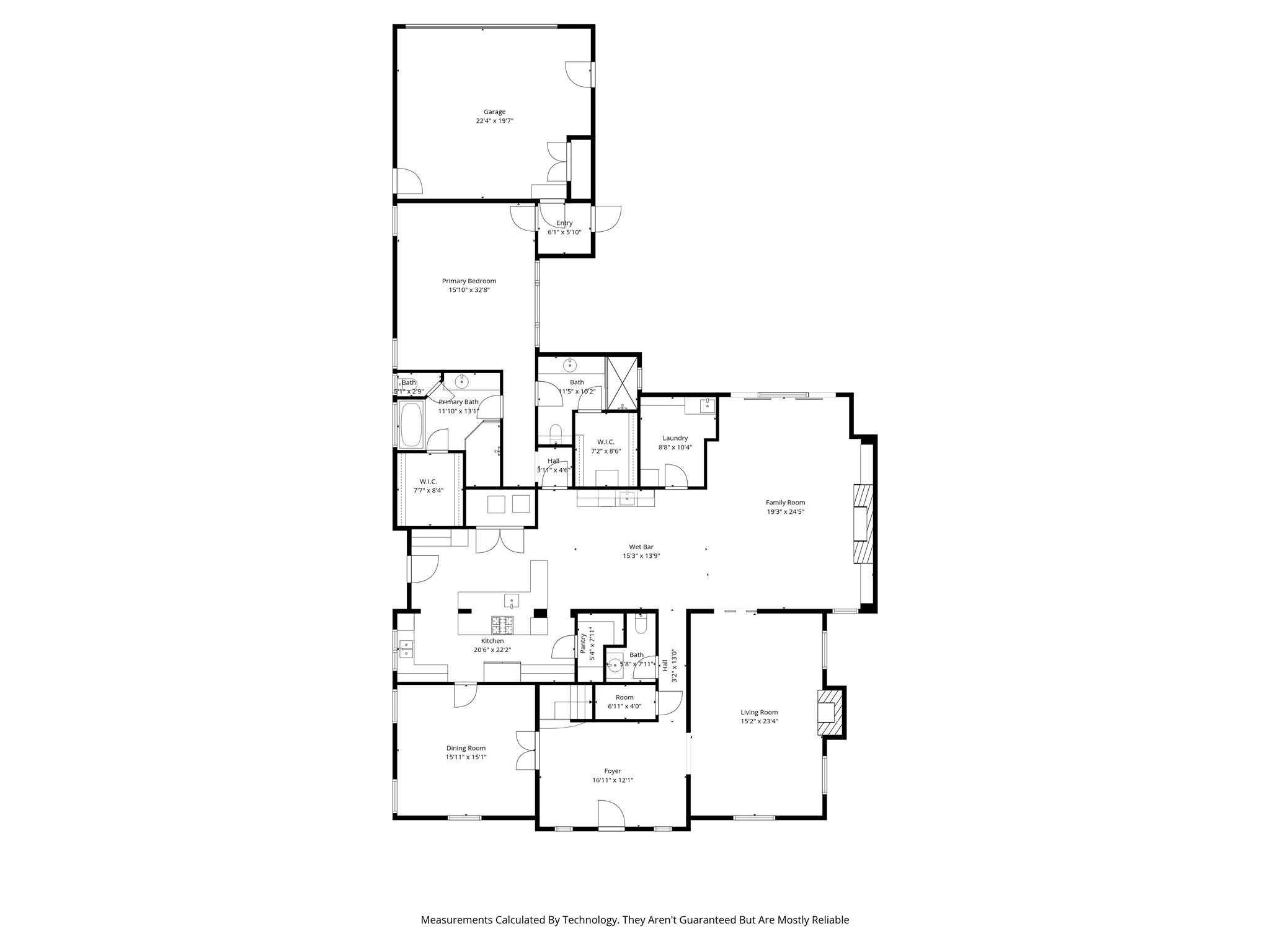 Floor plan showing the garage, primary suite, kitchen, dining room, living room, and family room with wet bar.