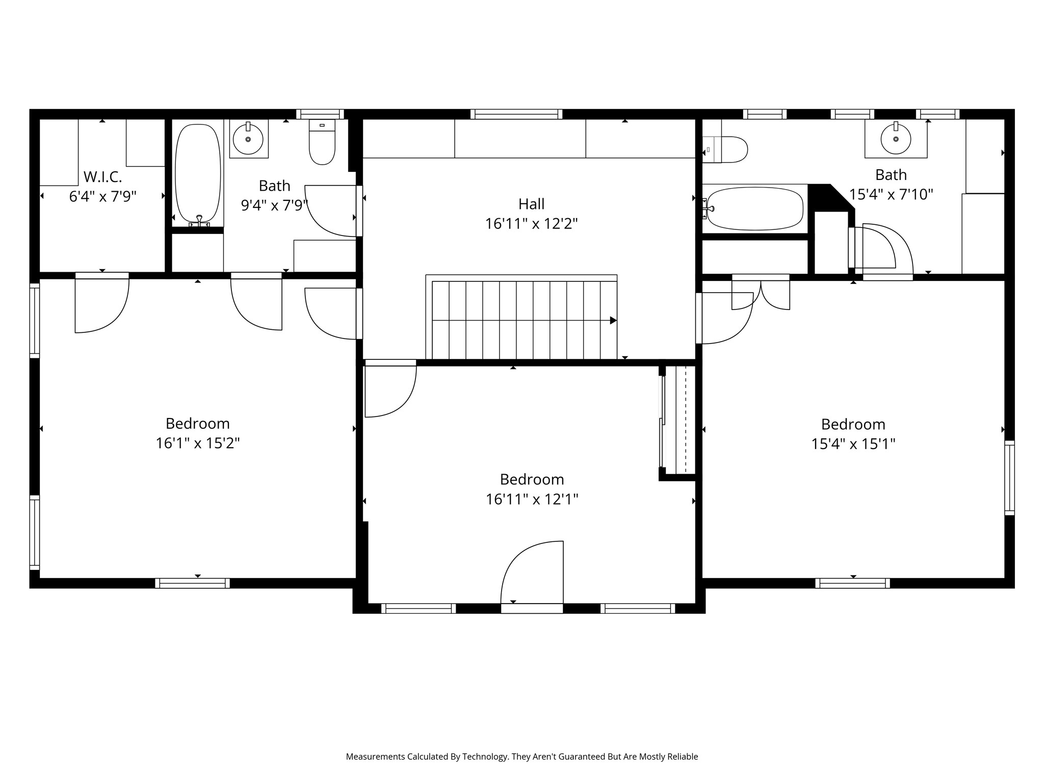 Second-floor plan with three bedrooms, two bathrooms, a central hall, and a walk-in closet.