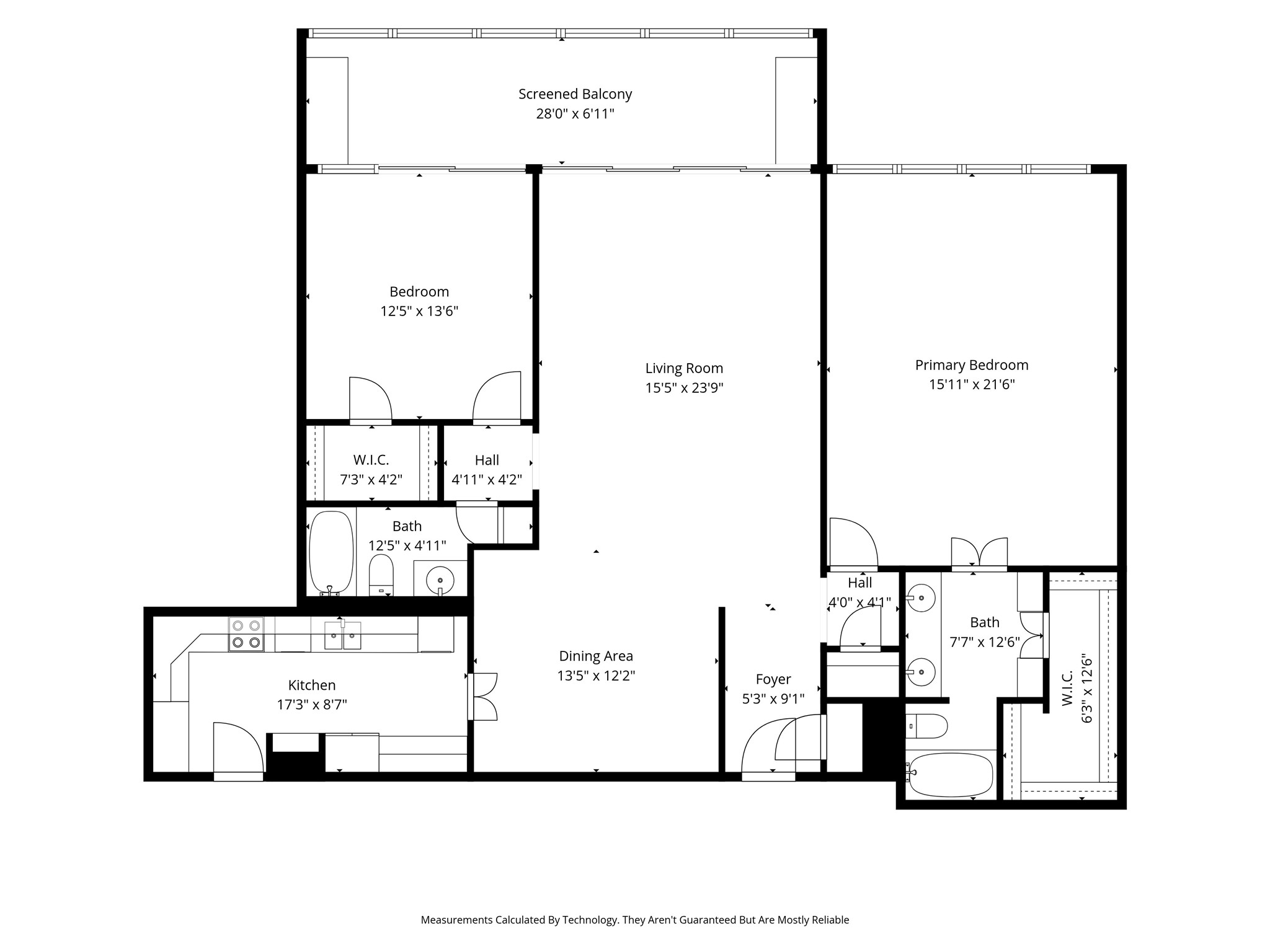 Floor plan with two bedrooms, two baths, a kitchen, living and dining areas, and a screened balcony.