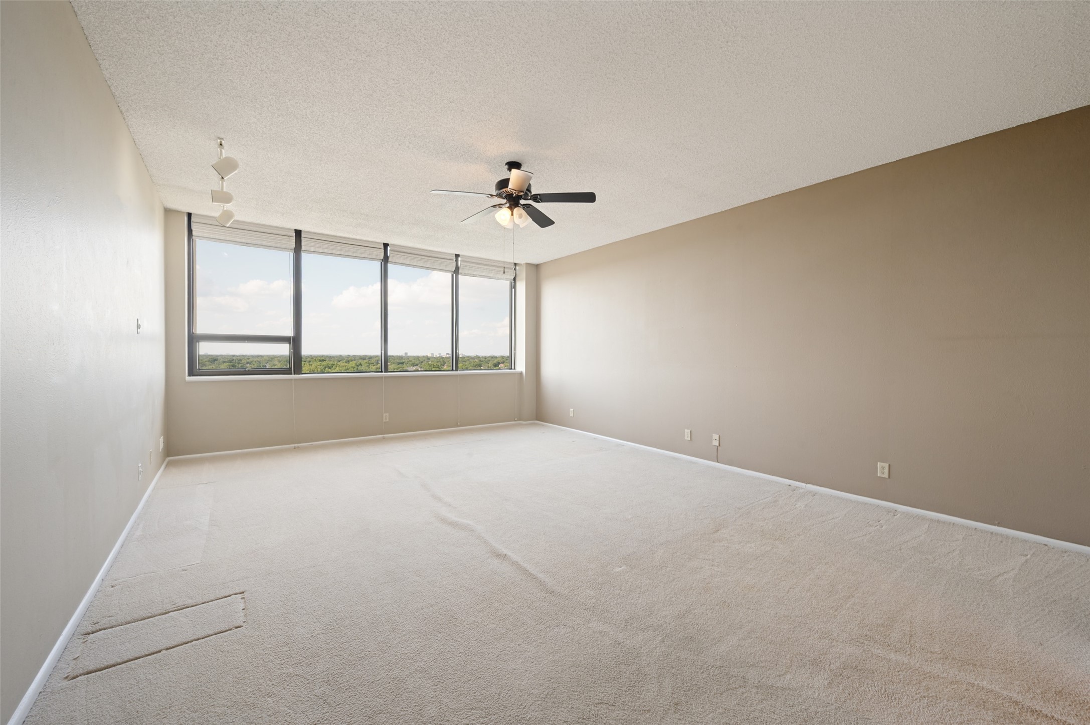 Empty carpeted living room with a ceiling fan and wide windows overlooking trees.