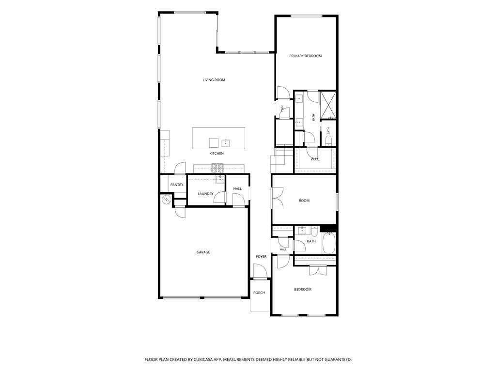 Floor plan showing the living room, kitchen, bedrooms, bathrooms, garage, and porch.