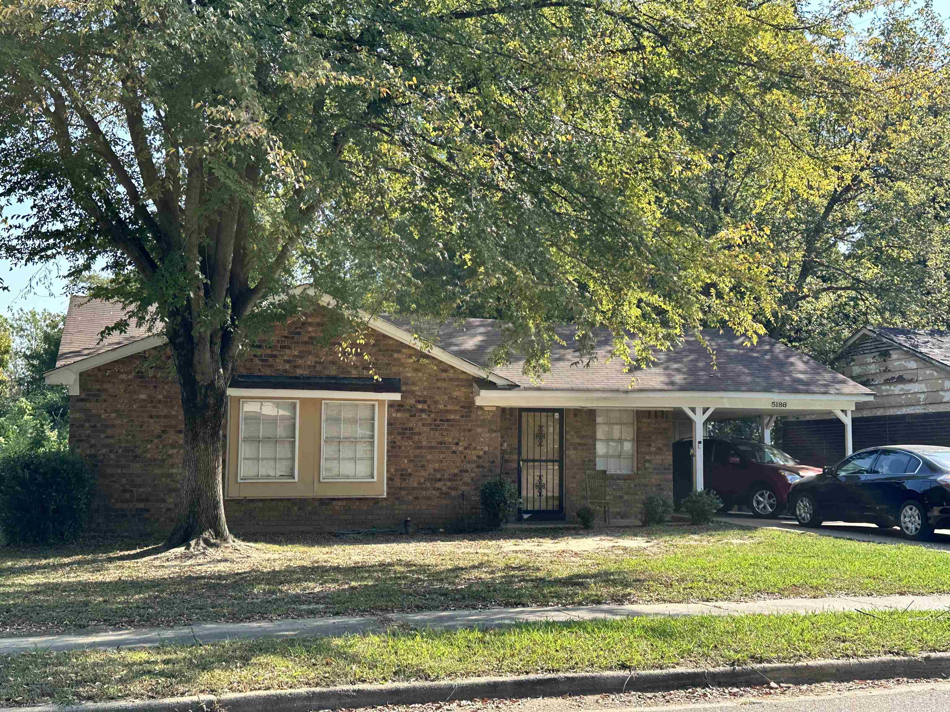 Brick home with a covered carport and large shade tree in front.
