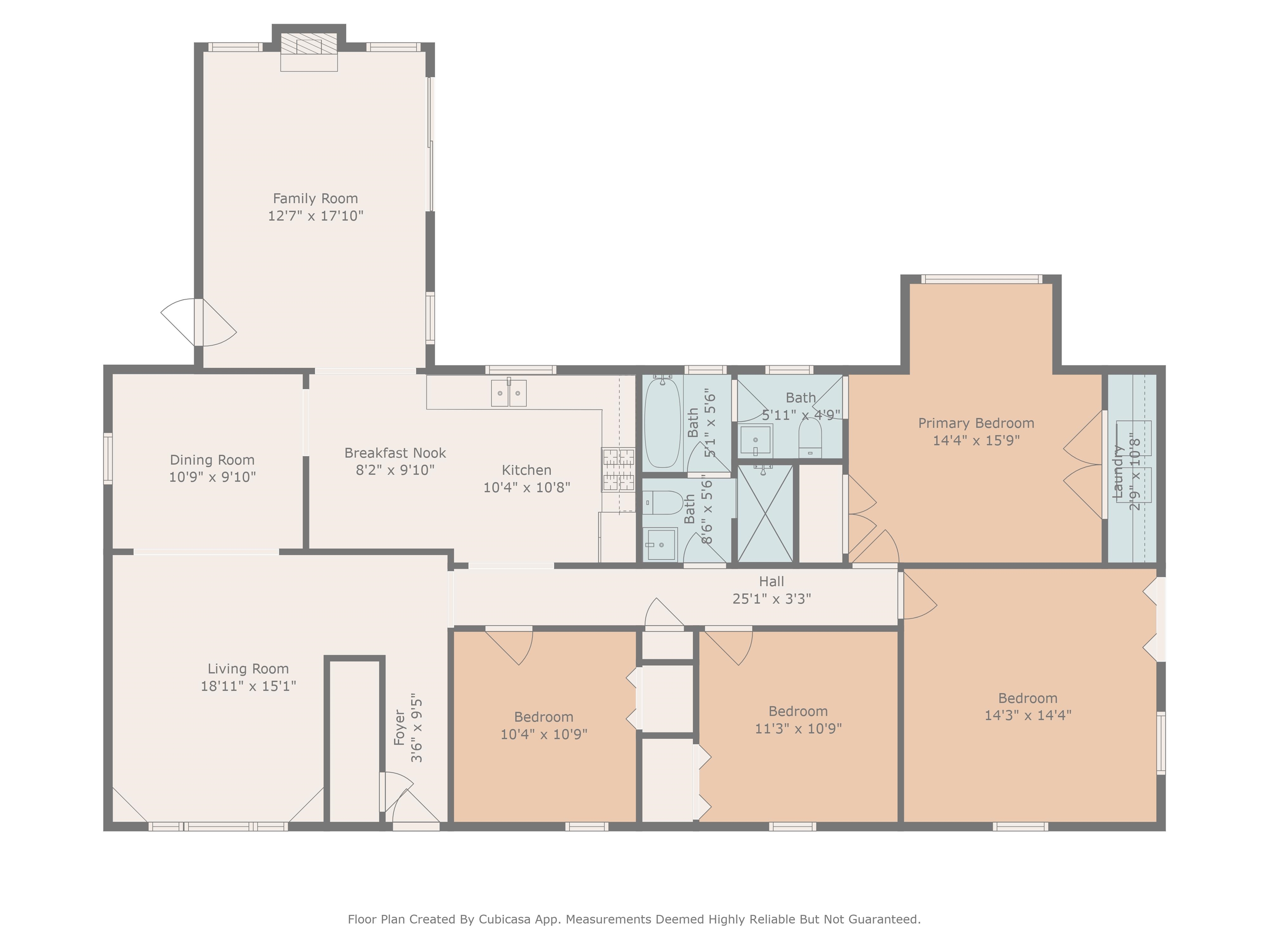 Floor plan showing four bedrooms, three baths, living and family rooms, dining room, kitchen, and laundry.