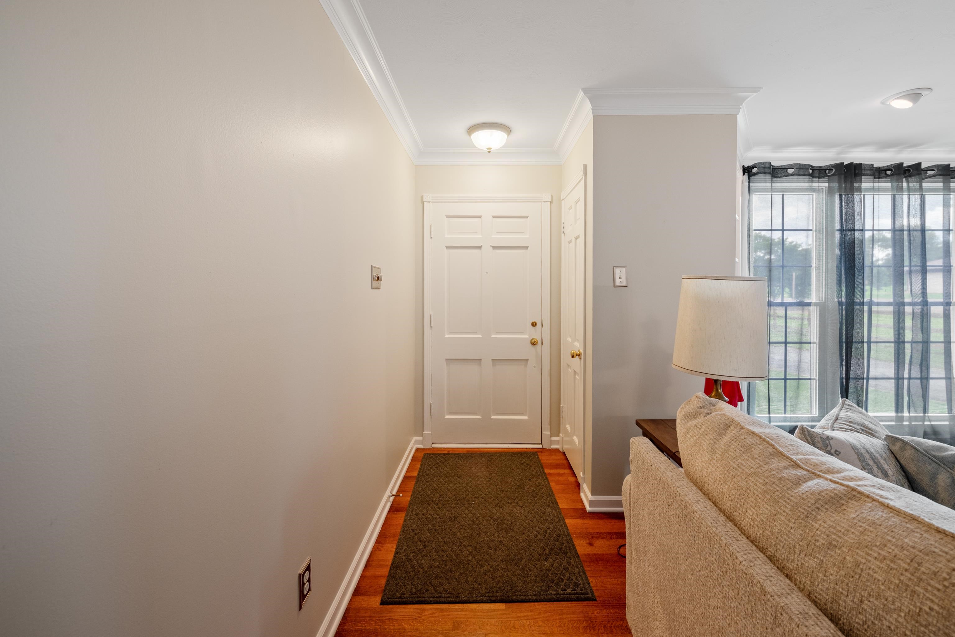 Entry hall with a white paneled door, hardwood floors, and a runner rug beside a curtained living room window.