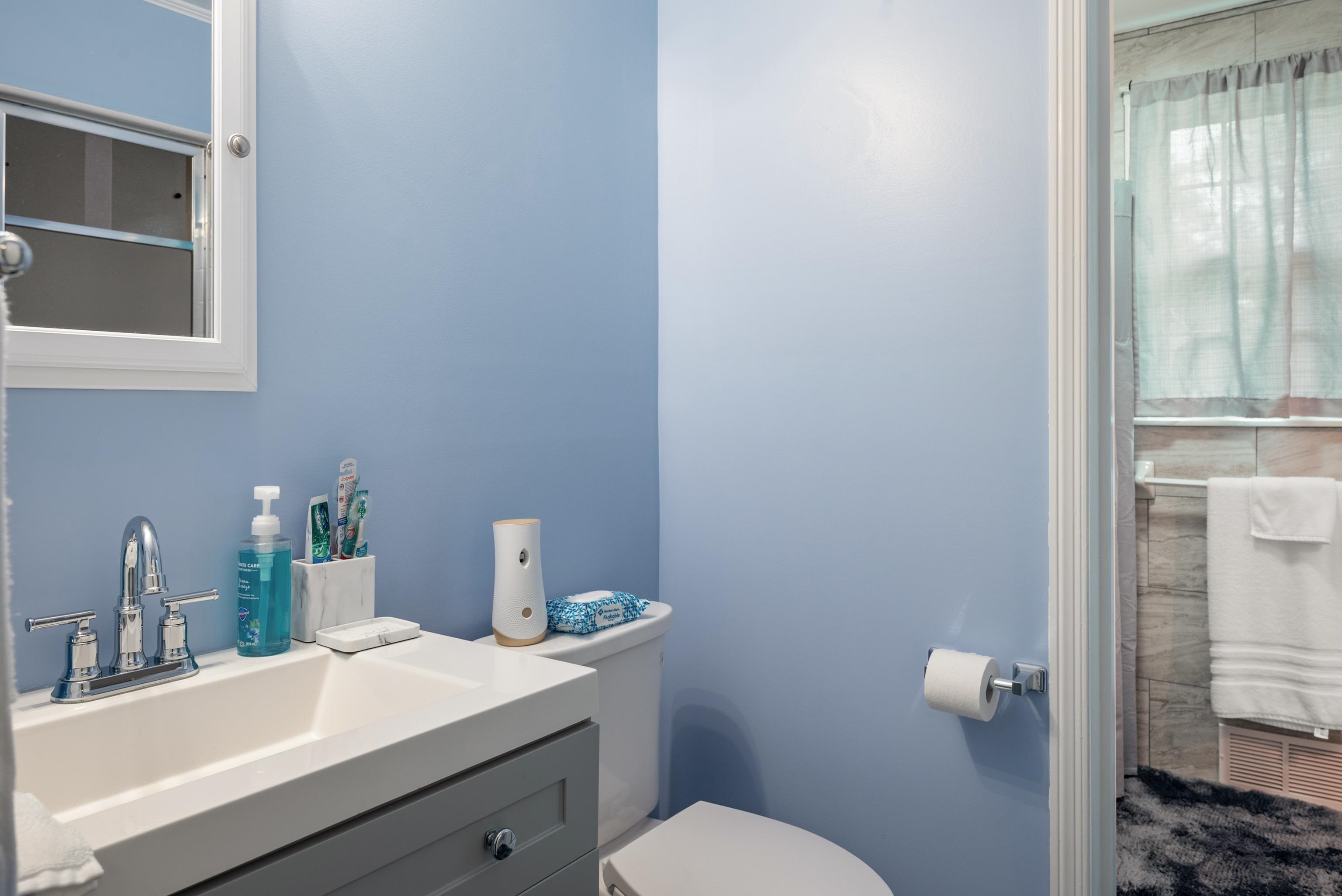 Bathroom with a white vanity, blue walls, and an adjoining tiled shower area.