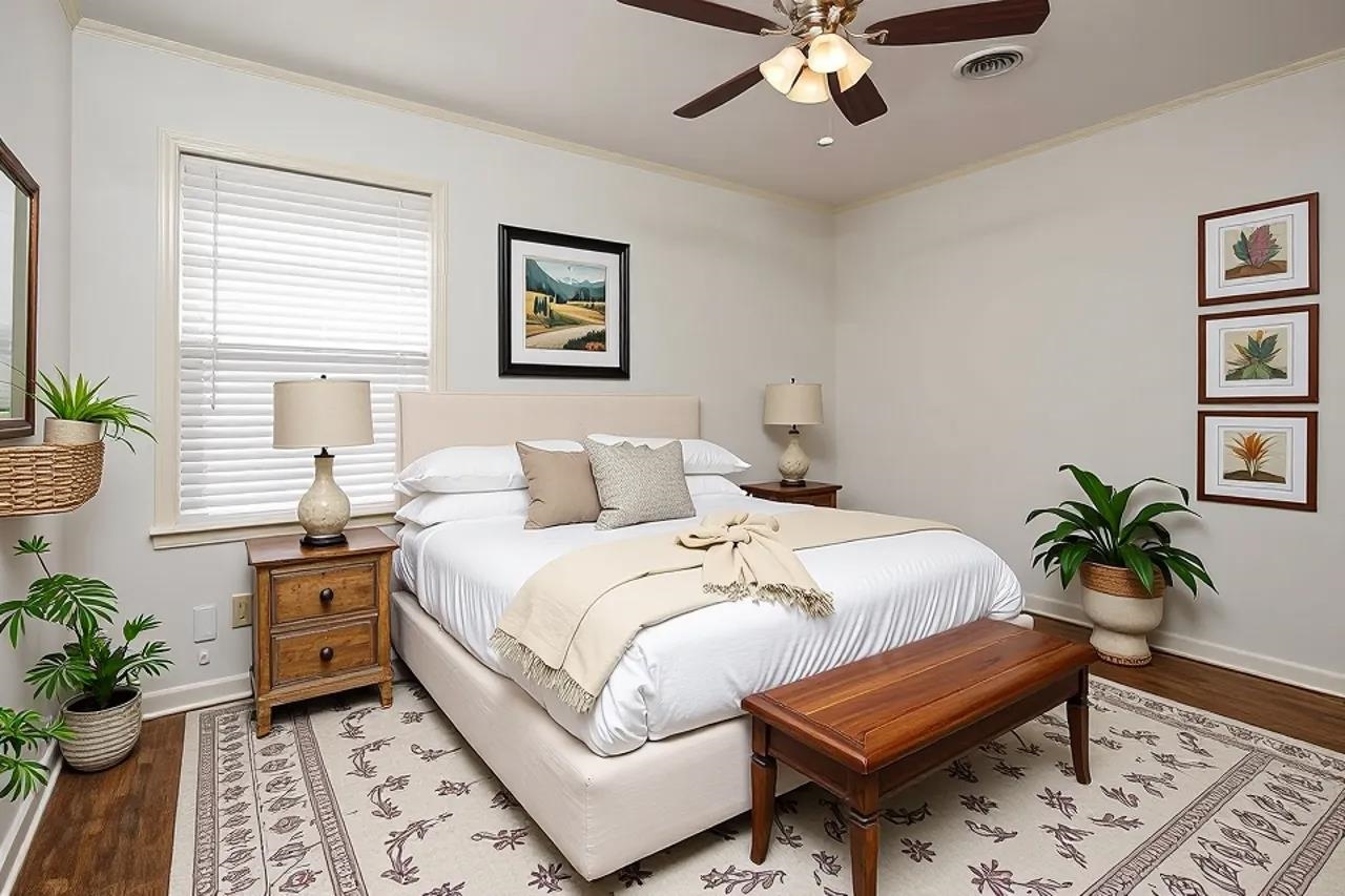 Bedroom with a white bed, wooden bench, patterned rug, and potted plants.