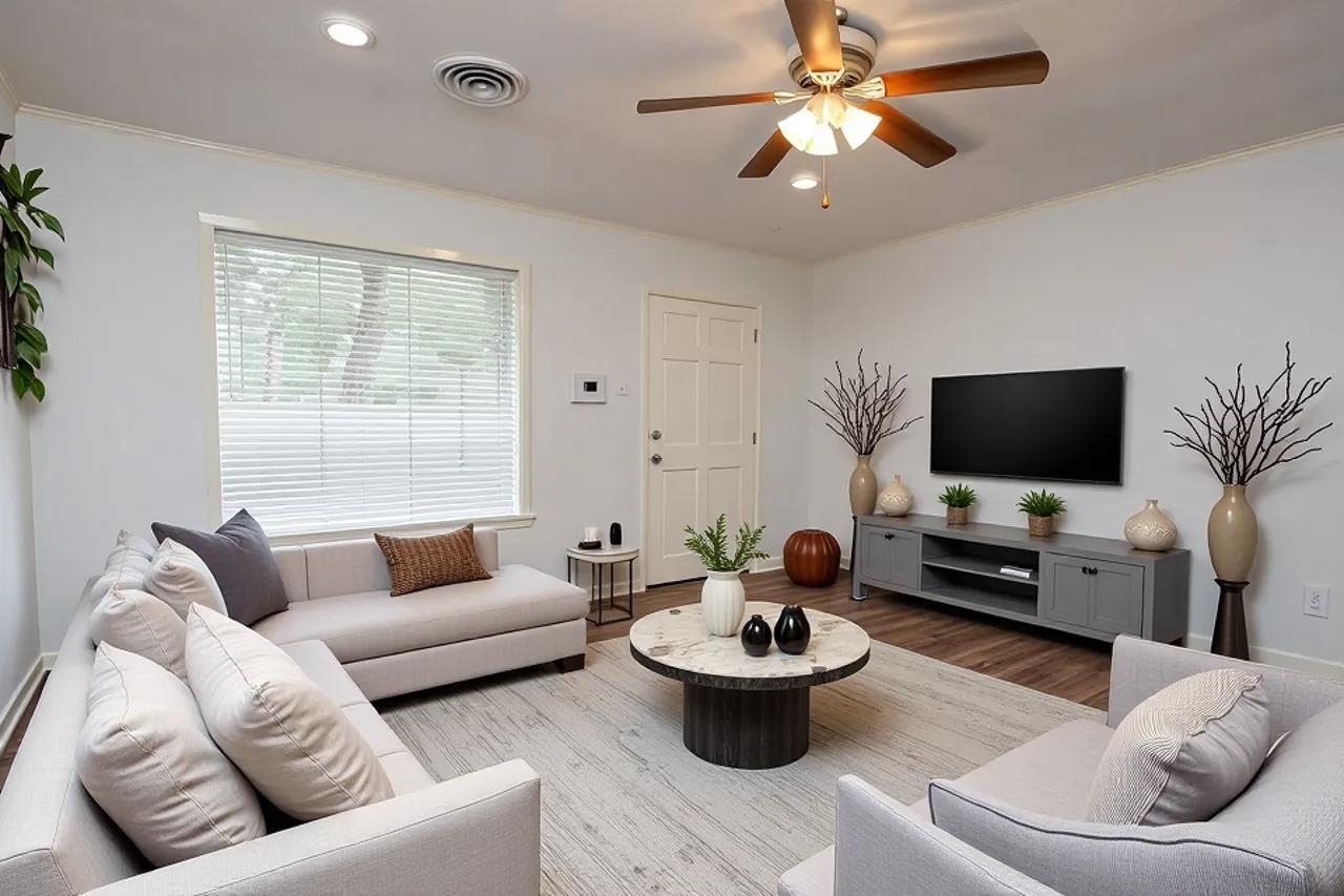 Staged living room with white sofas, a round coffee table, and a wall-mounted television.