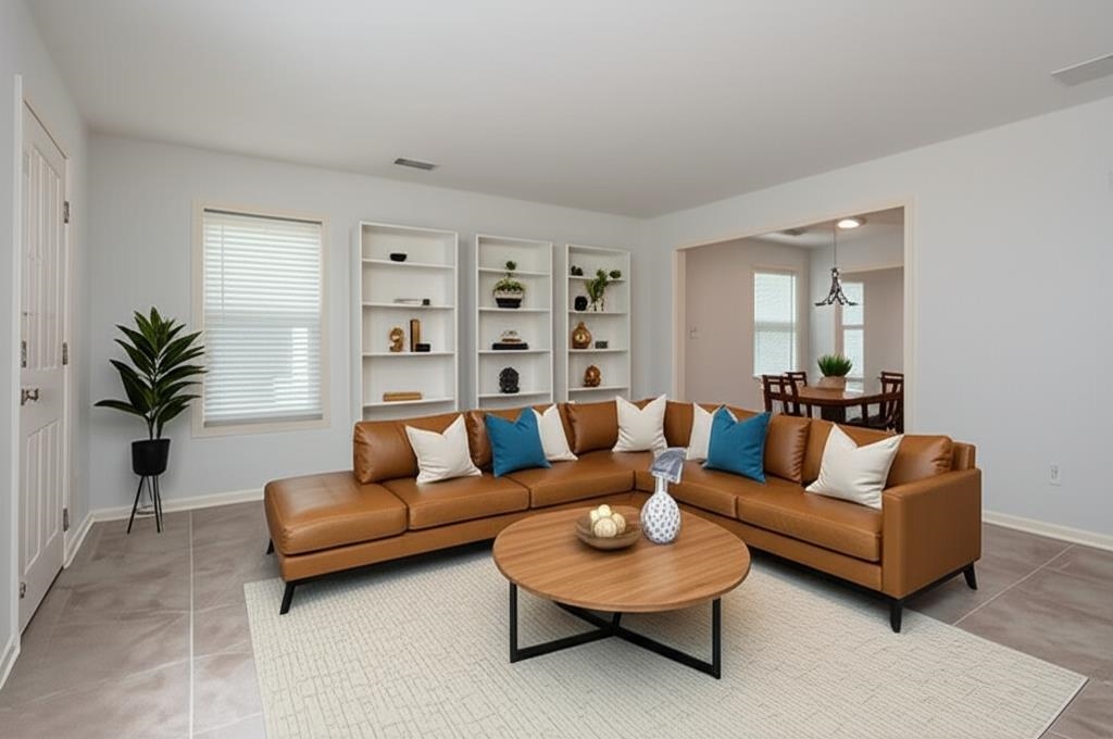 Living room with a tan leather sectional, colorful pillows, and a round wood coffee table.