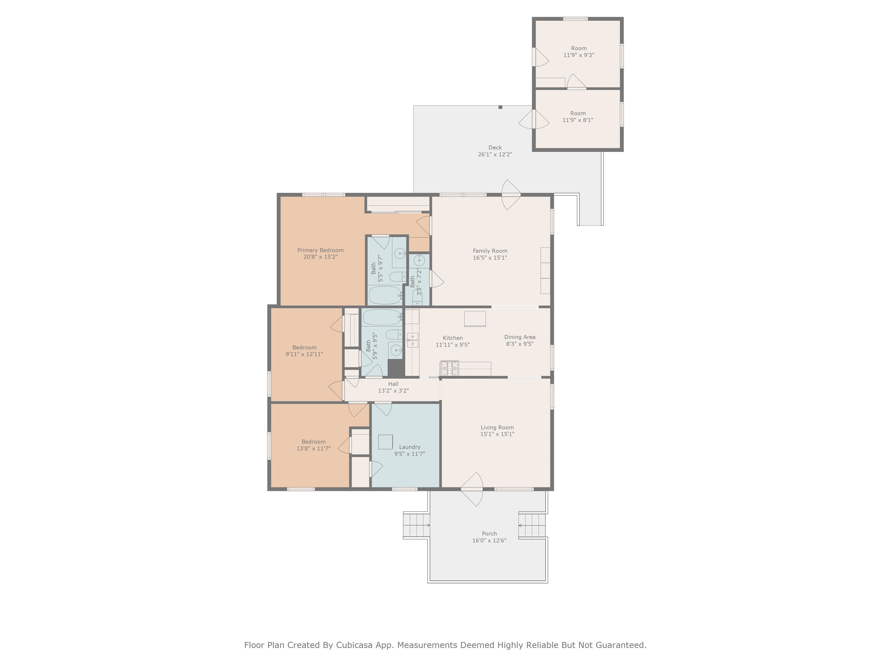 Floor plan showing three bedrooms, living and family rooms, kitchen, laundry, deck, and porch.