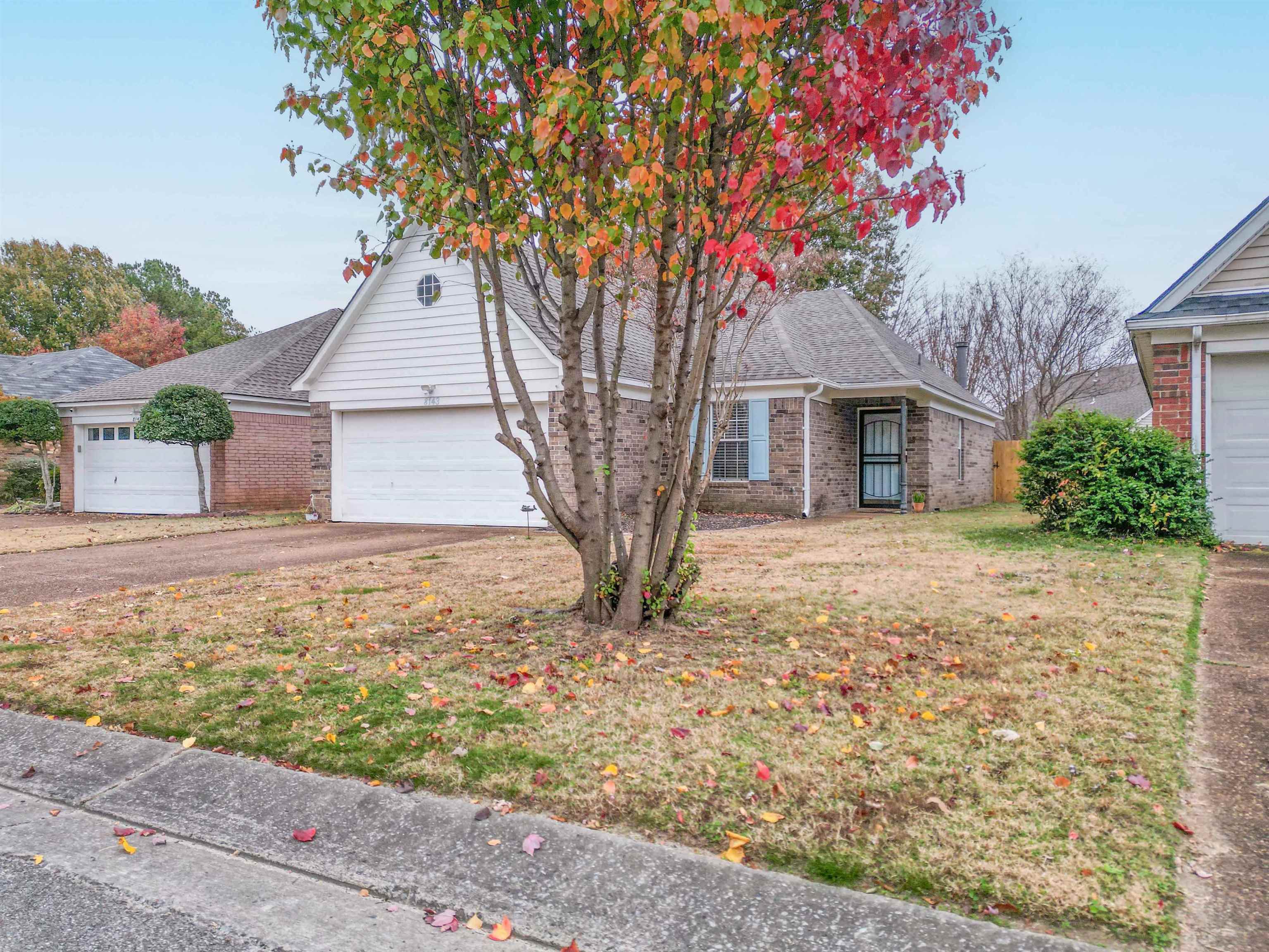 Brick house with two white garage doors, partly obscured by a large red-orange autumn tree.
