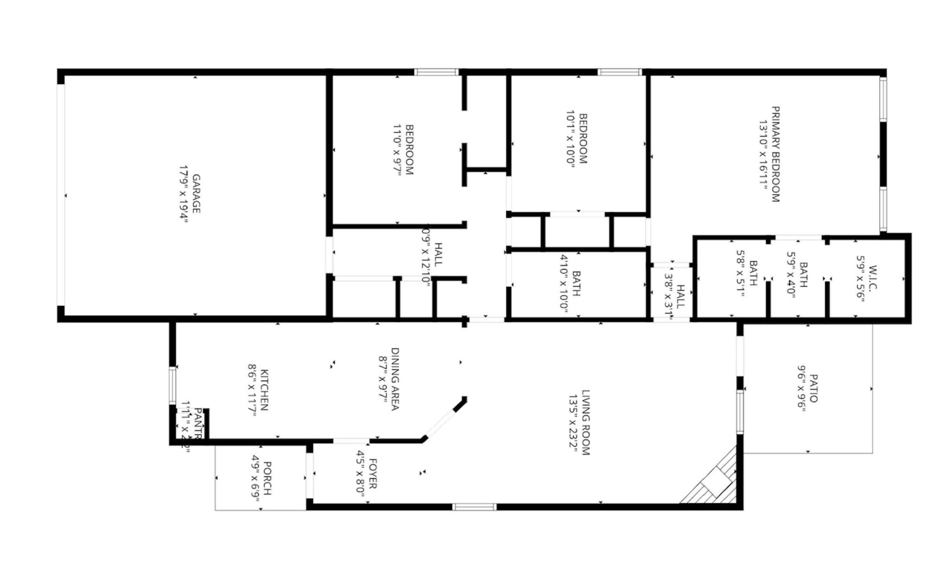 Floor plan showing three bedrooms, a garage, open living and dining areas, kitchen, porch, and patio.