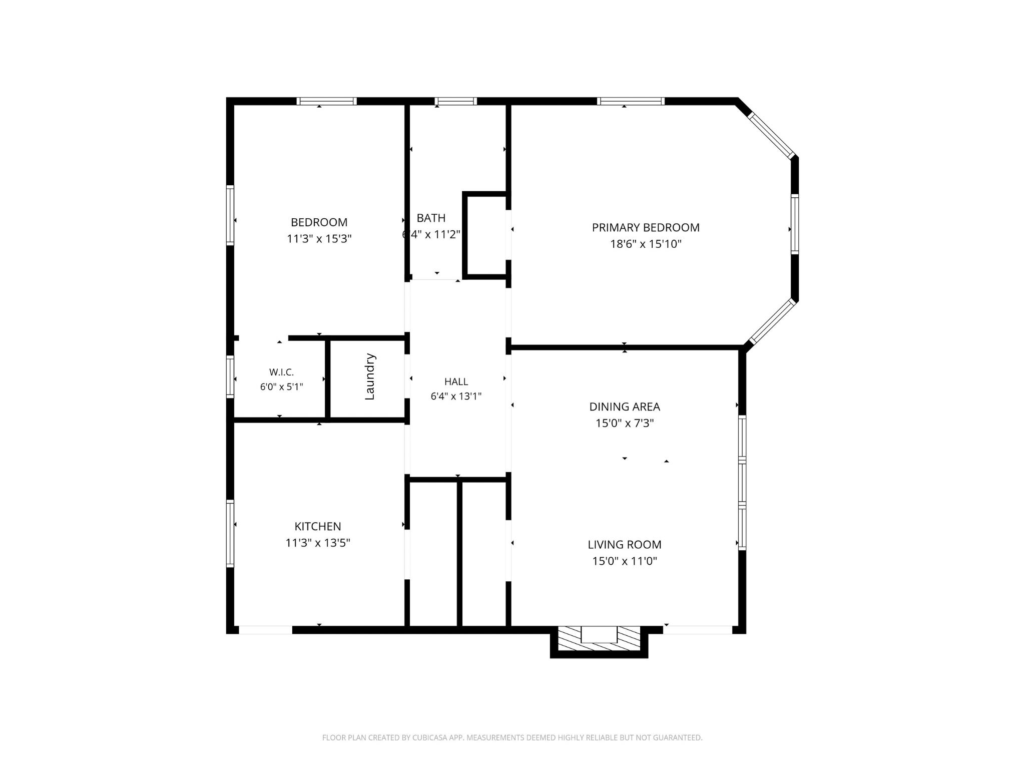 Floor plan showing two bedrooms, a bath, kitchen, dining area, living room, and room dimensions.