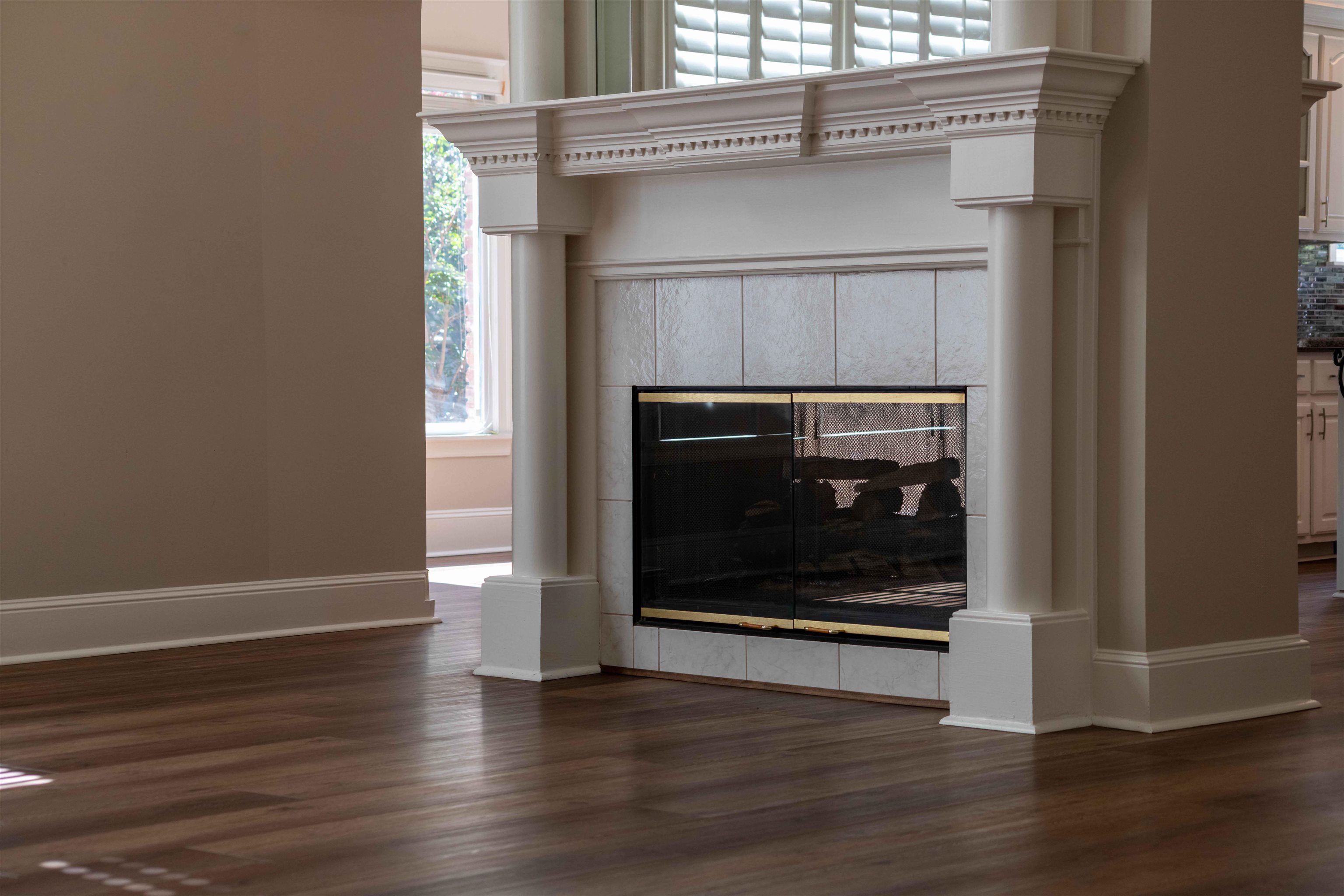 Living room fireplace with a marble tile surround, ornate white mantel, and brass-trimmed mesh doors.
