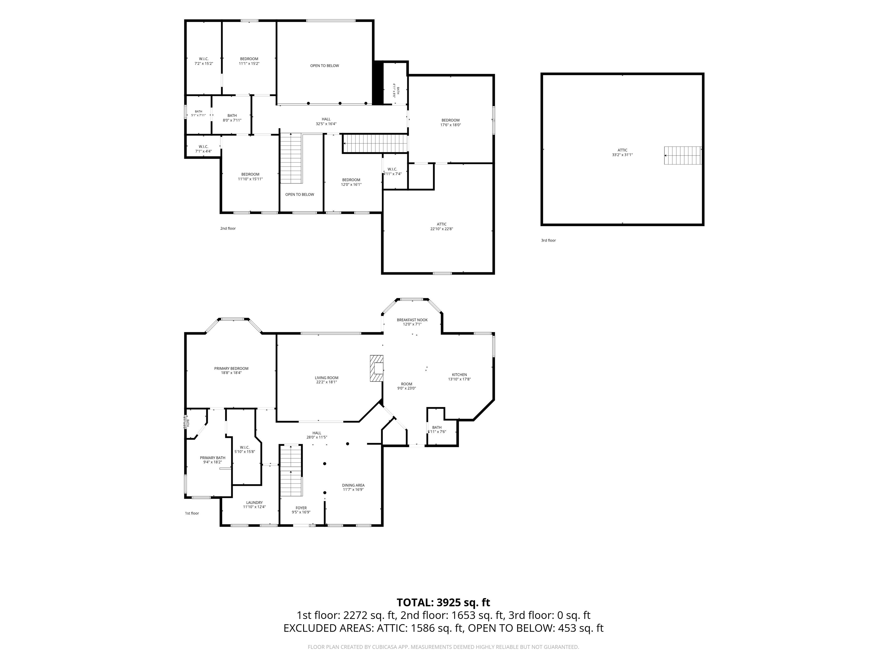 Floor plans for the first, second, and third floors, with room labels and total area of 3,925 square feet.
