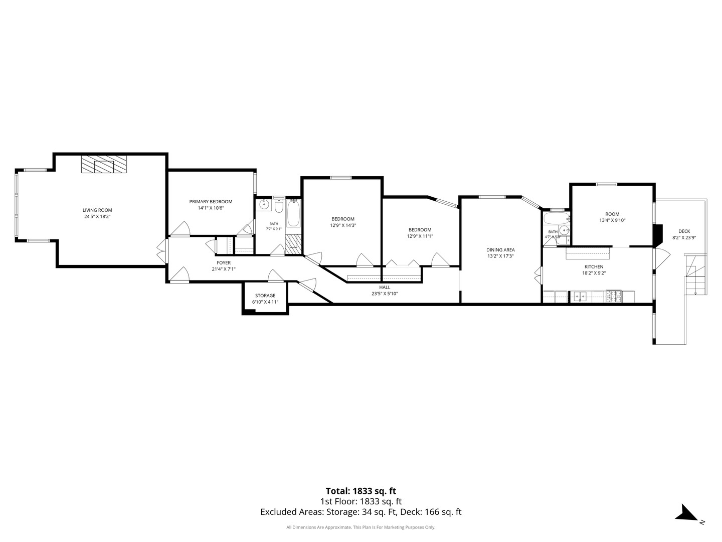Floor plan showing a 1,833-square-foot layout with three bedrooms, an additional room, two baths, and a deck.